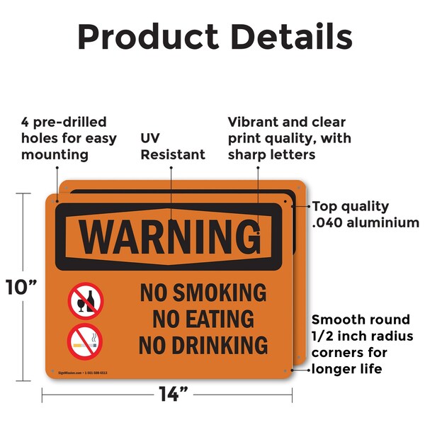 No Smoking No Eating No Drinking OSHA Warning Sign, Aluminum, 14in W X 10in L, 2PK